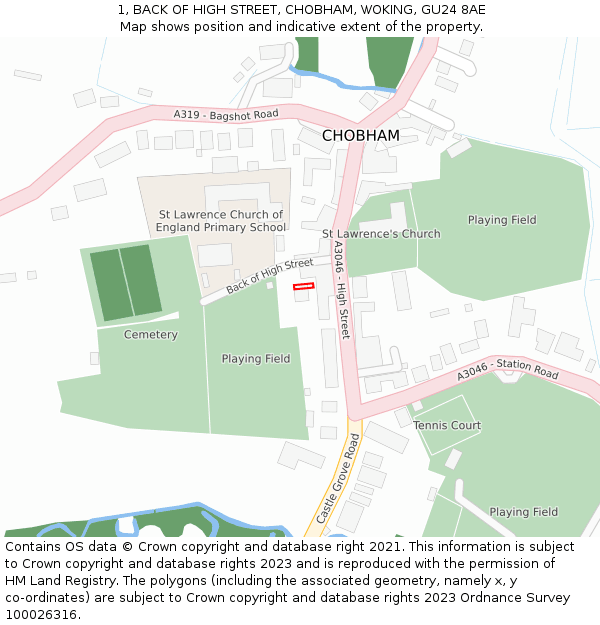 1, BACK OF HIGH STREET, CHOBHAM, WOKING, GU24 8AE: Location map and indicative extent of plot