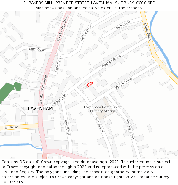 1, BAKERS MILL, PRENTICE STREET, LAVENHAM, SUDBURY, CO10 9RD: Location map and indicative extent of plot