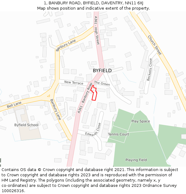 1, BANBURY ROAD, BYFIELD, DAVENTRY, NN11 6XJ: Location map and indicative extent of plot