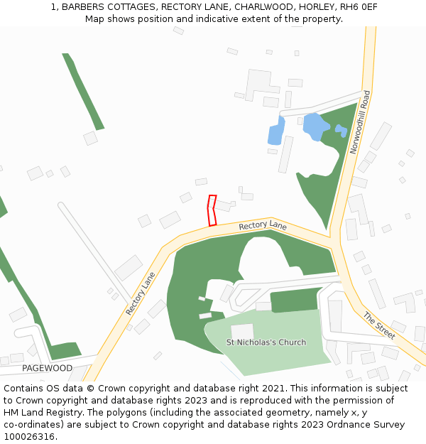 1, BARBERS COTTAGES, RECTORY LANE, CHARLWOOD, HORLEY, RH6 0EF: Location map and indicative extent of plot
