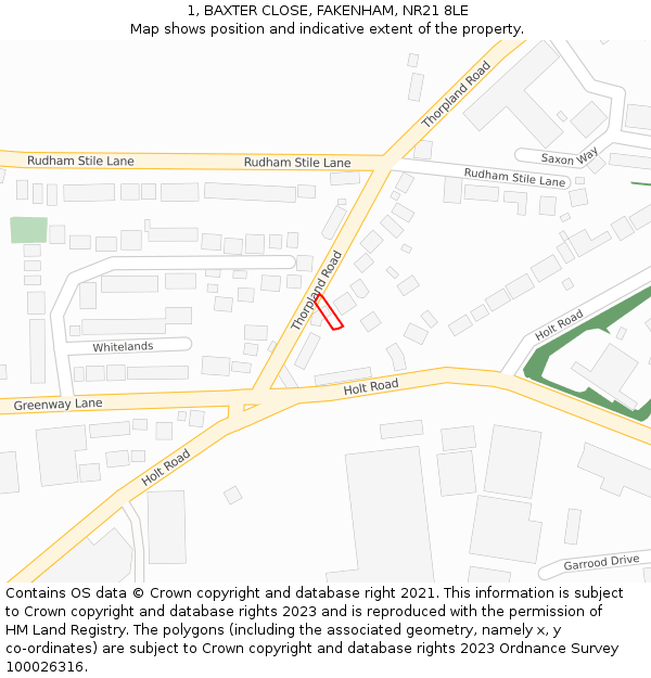 1, BAXTER CLOSE, FAKENHAM, NR21 8LE: Location map and indicative extent of plot