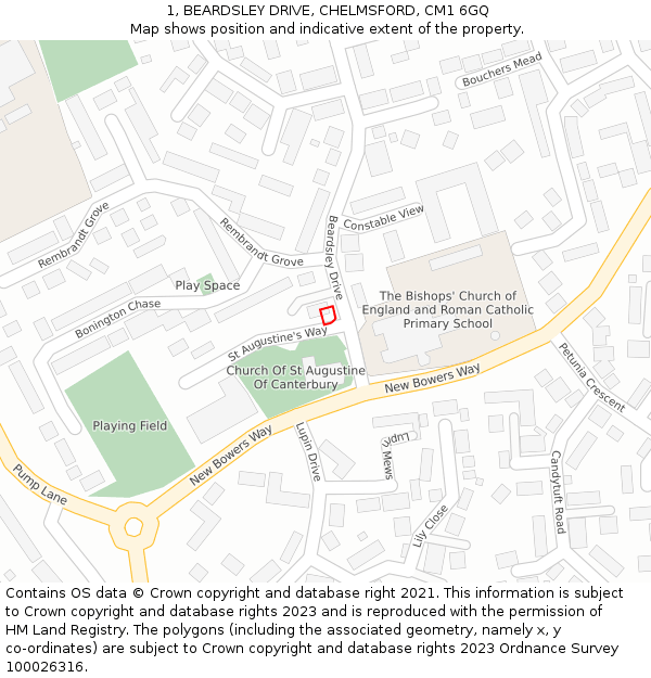 1, BEARDSLEY DRIVE, CHELMSFORD, CM1 6GQ: Location map and indicative extent of plot