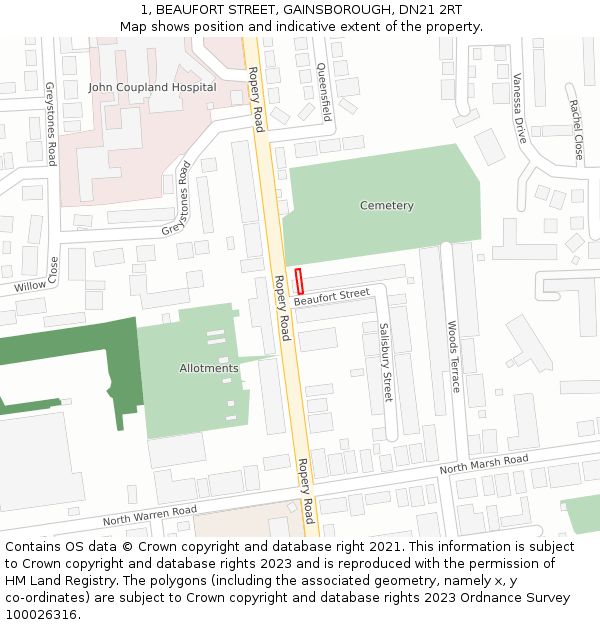 1, BEAUFORT STREET, GAINSBOROUGH, DN21 2RT: Location map and indicative extent of plot