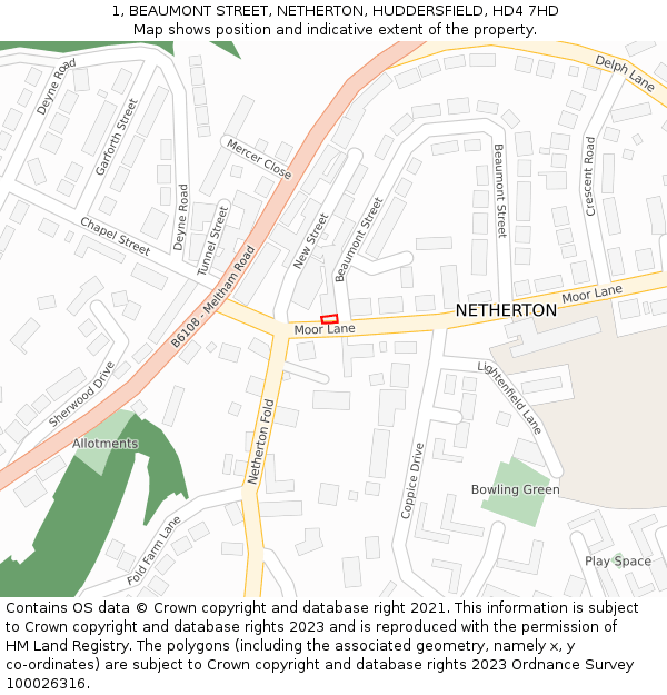 1, BEAUMONT STREET, NETHERTON, HUDDERSFIELD, HD4 7HD: Location map and indicative extent of plot