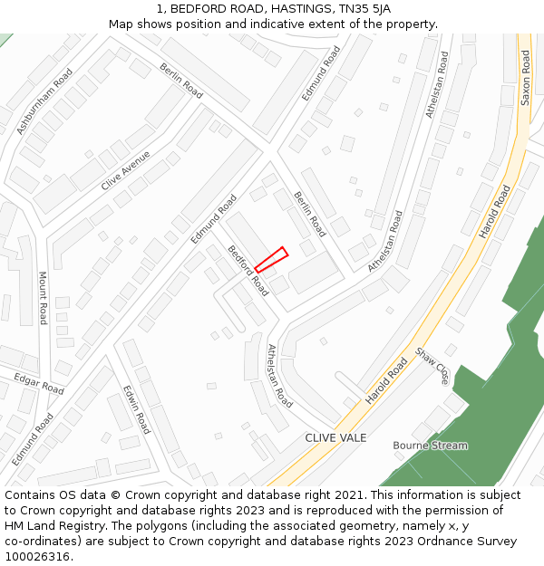 1, BEDFORD ROAD, HASTINGS, TN35 5JA: Location map and indicative extent of plot
