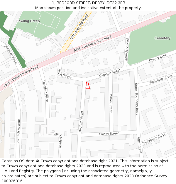 1, BEDFORD STREET, DERBY, DE22 3PB: Location map and indicative extent of plot