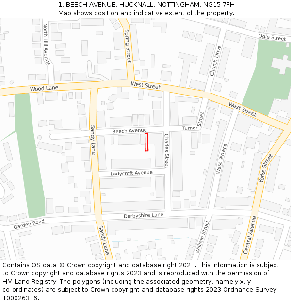1, BEECH AVENUE, HUCKNALL, NOTTINGHAM, NG15 7FH: Location map and indicative extent of plot