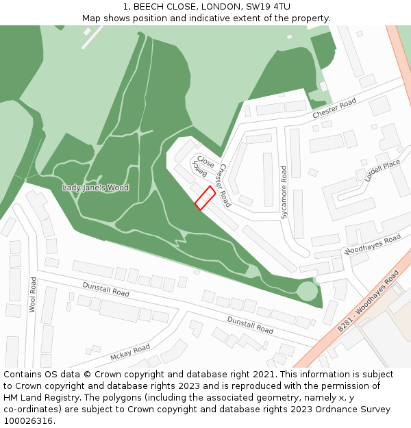 1, BEECH CLOSE, LONDON, SW19 4TU: Location map and indicative extent of plot