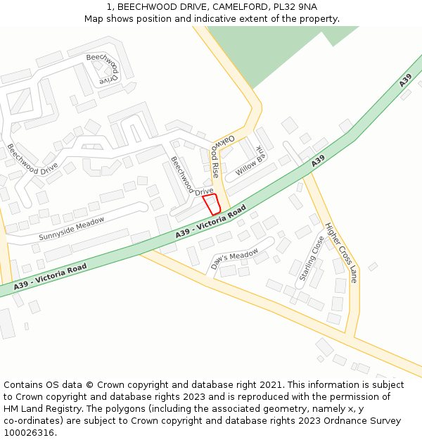 1, BEECHWOOD DRIVE, CAMELFORD, PL32 9NA: Location map and indicative extent of plot
