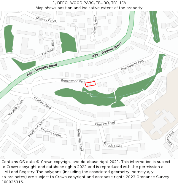 1, BEECHWOOD PARC, TRURO, TR1 1FA: Location map and indicative extent of plot