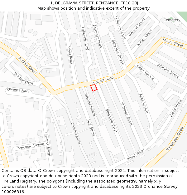 1, BELGRAVIA STREET, PENZANCE, TR18 2BJ: Location map and indicative extent of plot