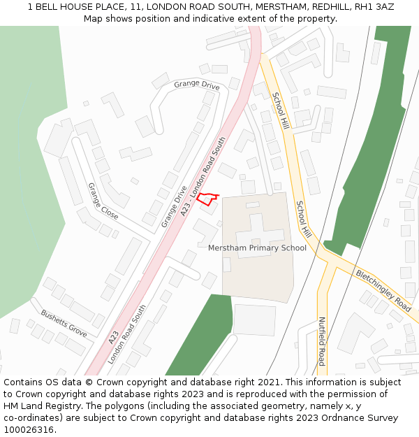 1 BELL HOUSE PLACE, 11, LONDON ROAD SOUTH, MERSTHAM, REDHILL, RH1 3AZ: Location map and indicative extent of plot