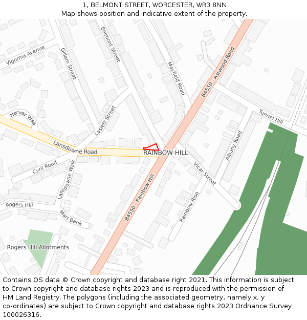 1, BELMONT STREET, WORCESTER, WR3 8NN: Location map and indicative extent of plot