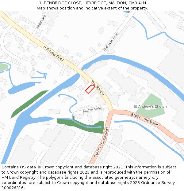 1, BENBRIDGE CLOSE, HEYBRIDGE, MALDON, CM9 4LN: Location map and indicative extent of plot