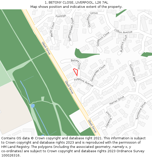 1, BETONY CLOSE, LIVERPOOL, L26 7AL: Location map and indicative extent of plot