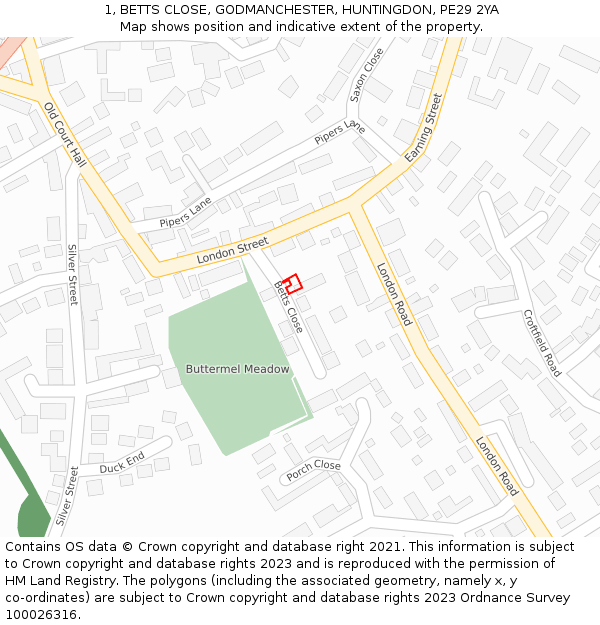 1, BETTS CLOSE, GODMANCHESTER, HUNTINGDON, PE29 2YA: Location map and indicative extent of plot