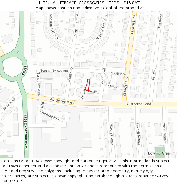 1, BEULAH TERRACE, CROSSGATES, LEEDS, LS15 8AZ: Location map and indicative extent of plot