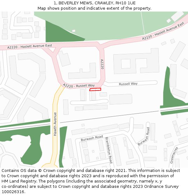 1, BEVERLEY MEWS, CRAWLEY, RH10 1UE: Location map and indicative extent of plot