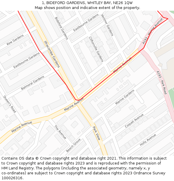 1, BIDEFORD GARDENS, WHITLEY BAY, NE26 1QW: Location map and indicative extent of plot