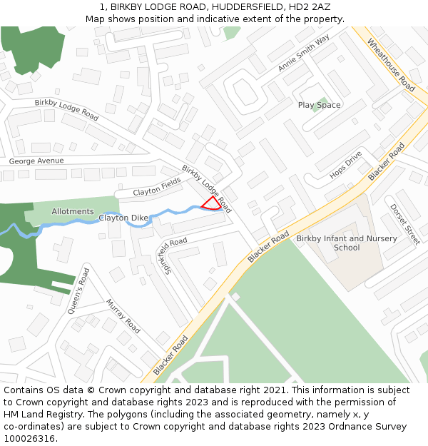1, BIRKBY LODGE ROAD, HUDDERSFIELD, HD2 2AZ: Location map and indicative extent of plot
