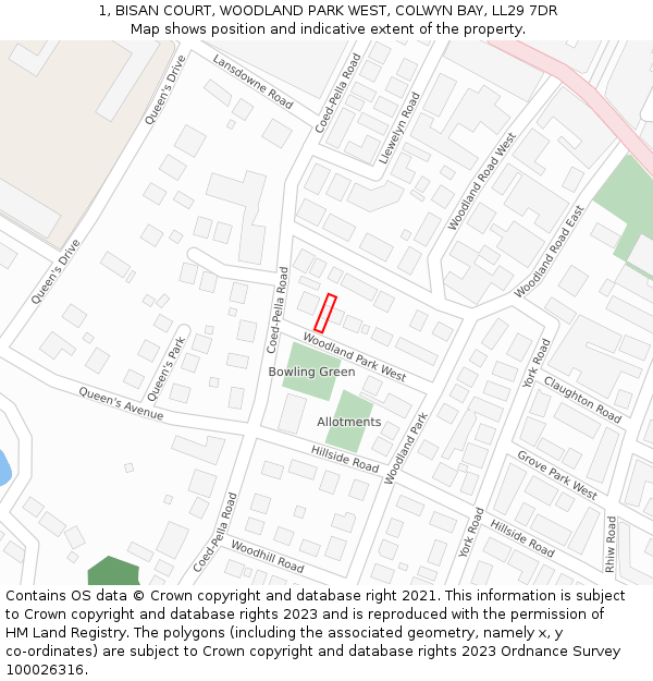 1, BISAN COURT, WOODLAND PARK WEST, COLWYN BAY, LL29 7DR: Location map and indicative extent of plot