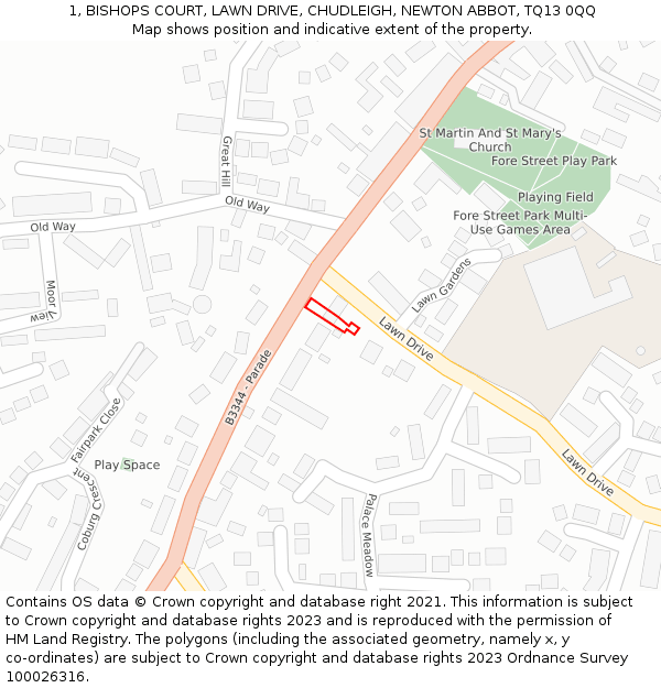1, BISHOPS COURT, LAWN DRIVE, CHUDLEIGH, NEWTON ABBOT, TQ13 0QQ: Location map and indicative extent of plot