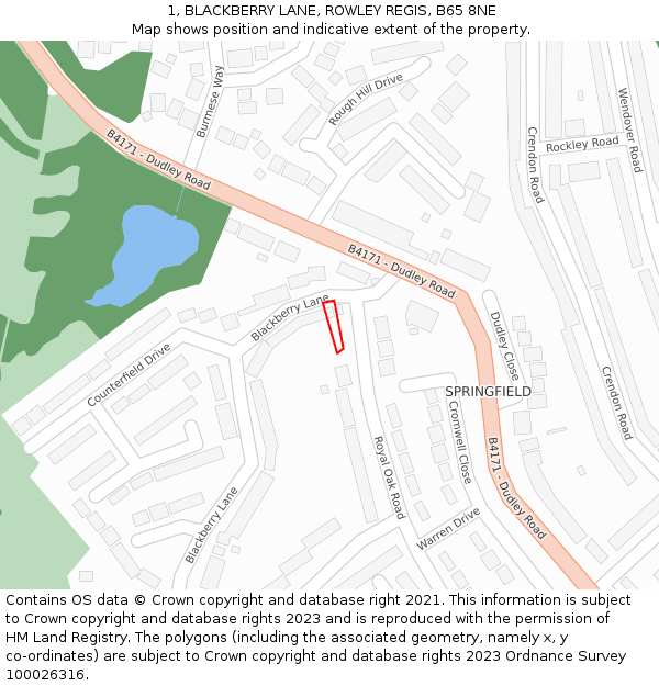 1, BLACKBERRY LANE, ROWLEY REGIS, B65 8NE: Location map and indicative extent of plot
