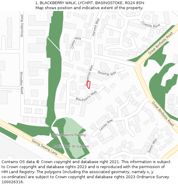 1, BLACKBERRY WALK, LYCHPIT, BASINGSTOKE, RG24 8SN: Location map and indicative extent of plot