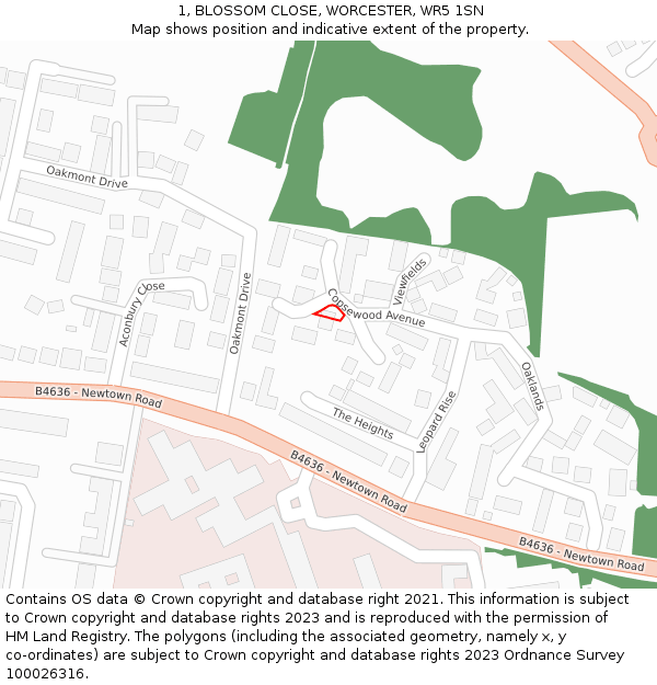 1, BLOSSOM CLOSE, WORCESTER, WR5 1SN: Location map and indicative extent of plot
