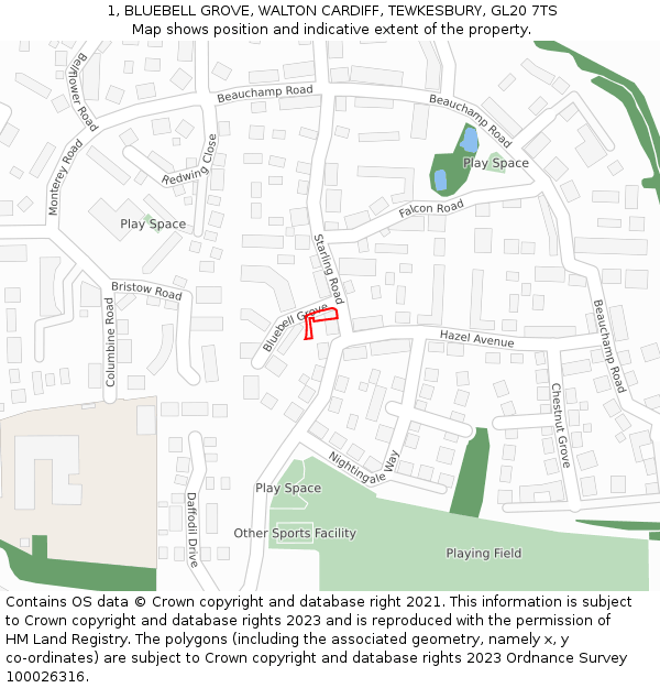 1, BLUEBELL GROVE, WALTON CARDIFF, TEWKESBURY, GL20 7TS: Location map and indicative extent of plot