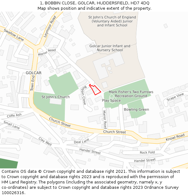 1, BOBBIN CLOSE, GOLCAR, HUDDERSFIELD, HD7 4DQ: Location map and indicative extent of plot
