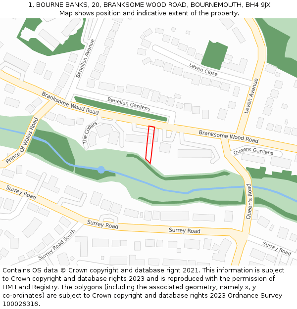 1, BOURNE BANKS, 20, BRANKSOME WOOD ROAD, BOURNEMOUTH, BH4 9JX: Location map and indicative extent of plot