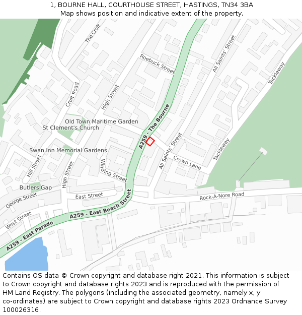 1, BOURNE HALL, COURTHOUSE STREET, HASTINGS, TN34 3BA: Location map and indicative extent of plot
