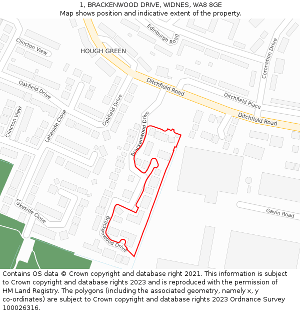 1, BRACKENWOOD DRIVE, WIDNES, WA8 8GE: Location map and indicative extent of plot