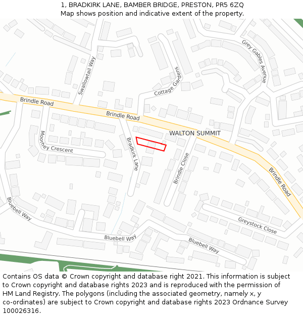 1, BRADKIRK LANE, BAMBER BRIDGE, PRESTON, PR5 6ZQ: Location map and indicative extent of plot