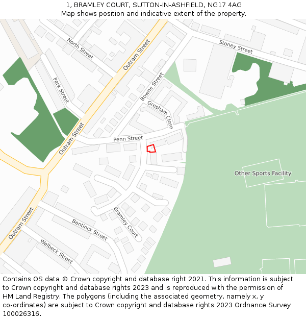 1, BRAMLEY COURT, SUTTON-IN-ASHFIELD, NG17 4AG: Location map and indicative extent of plot