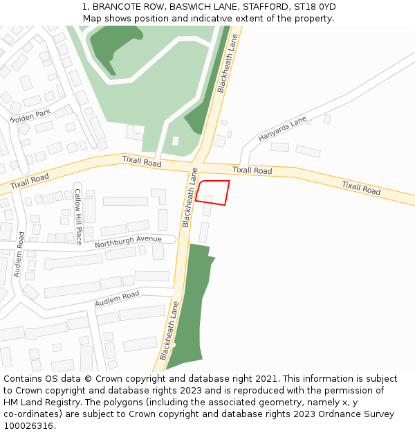 1, BRANCOTE ROW, BASWICH LANE, STAFFORD, ST18 0YD: Location map and indicative extent of plot