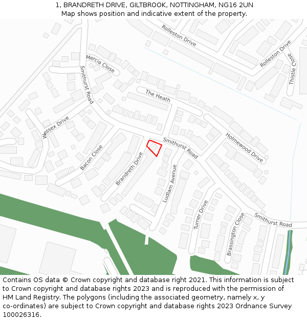 1, BRANDRETH DRIVE, GILTBROOK, NOTTINGHAM, NG16 2UN: Location map and indicative extent of plot