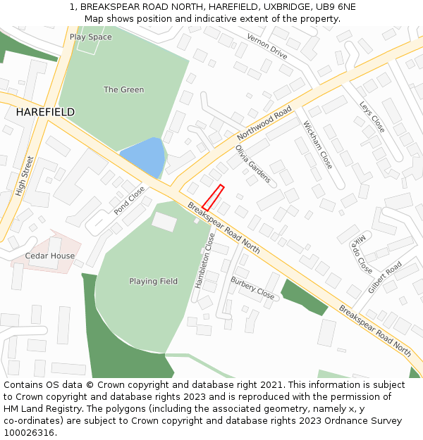1, BREAKSPEAR ROAD NORTH, HAREFIELD, UXBRIDGE, UB9 6NE: Location map and indicative extent of plot