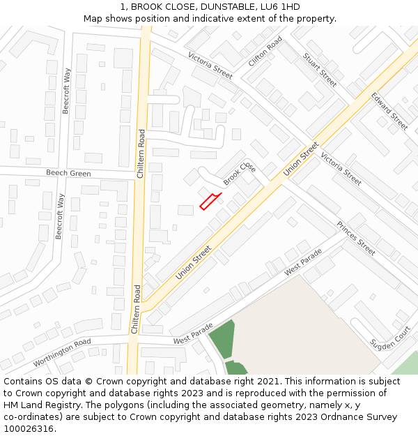 1, BROOK CLOSE, DUNSTABLE, LU6 1HD: Location map and indicative extent of plot