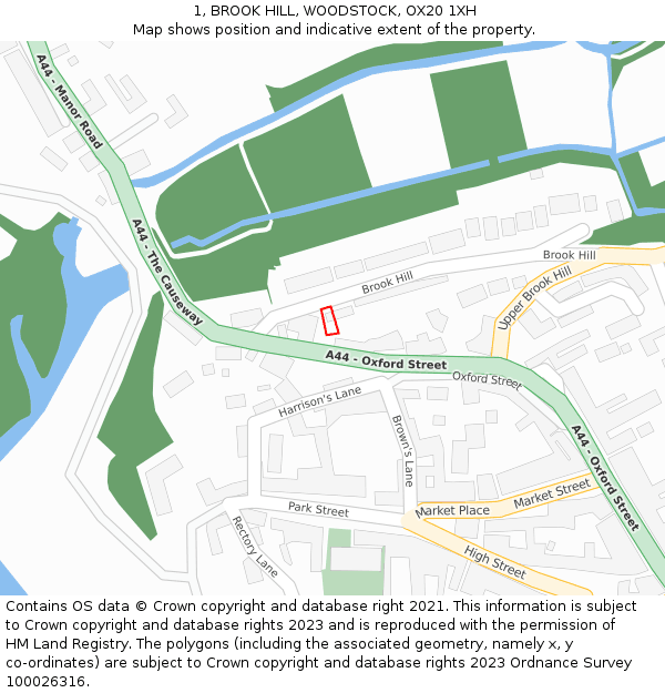 1, BROOK HILL, WOODSTOCK, OX20 1XH: Location map and indicative extent of plot