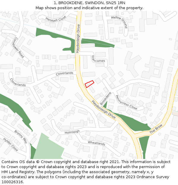 1, BROOKDENE, SWINDON, SN25 1RN: Location map and indicative extent of plot