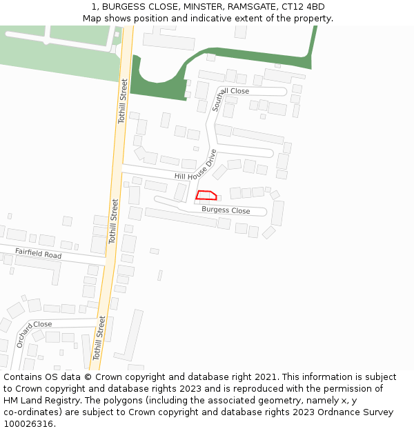 1, BURGESS CLOSE, MINSTER, RAMSGATE, CT12 4BD: Location map and indicative extent of plot