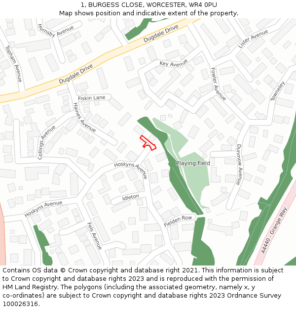 1, BURGESS CLOSE, WORCESTER, WR4 0PU: Location map and indicative extent of plot