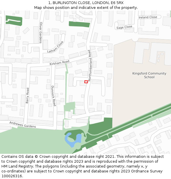1, BURLINGTON CLOSE, LONDON, E6 5RX: Location map and indicative extent of plot
