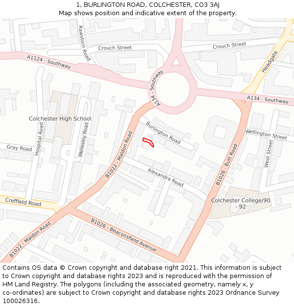 1, BURLINGTON ROAD, COLCHESTER, CO3 3AJ: Location map and indicative extent of plot