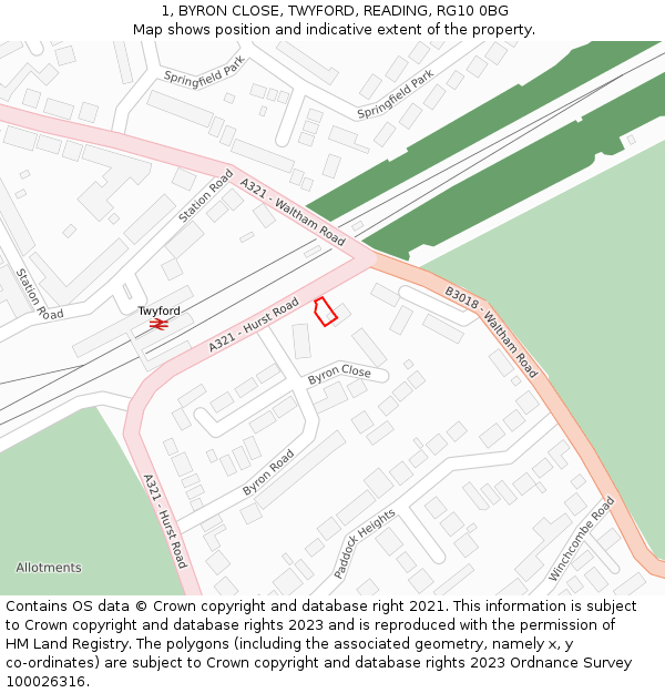 1, BYRON CLOSE, TWYFORD, READING, RG10 0BG: Location map and indicative extent of plot