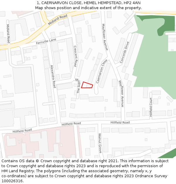1, CAERNARVON CLOSE, HEMEL HEMPSTEAD, HP2 4AN: Location map and indicative extent of plot