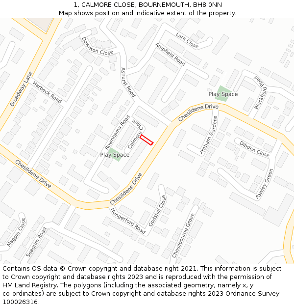 1, CALMORE CLOSE, BOURNEMOUTH, BH8 0NN: Location map and indicative extent of plot