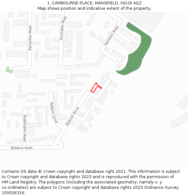 1, CAMBOURNE PLACE, MANSFIELD, NG18 4QZ: Location map and indicative extent of plot